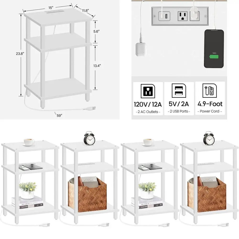 

Прикроватные тумбочки (2 шт.) с USB-портами и розетками, 3-уровневым хранением, для небольших помещений