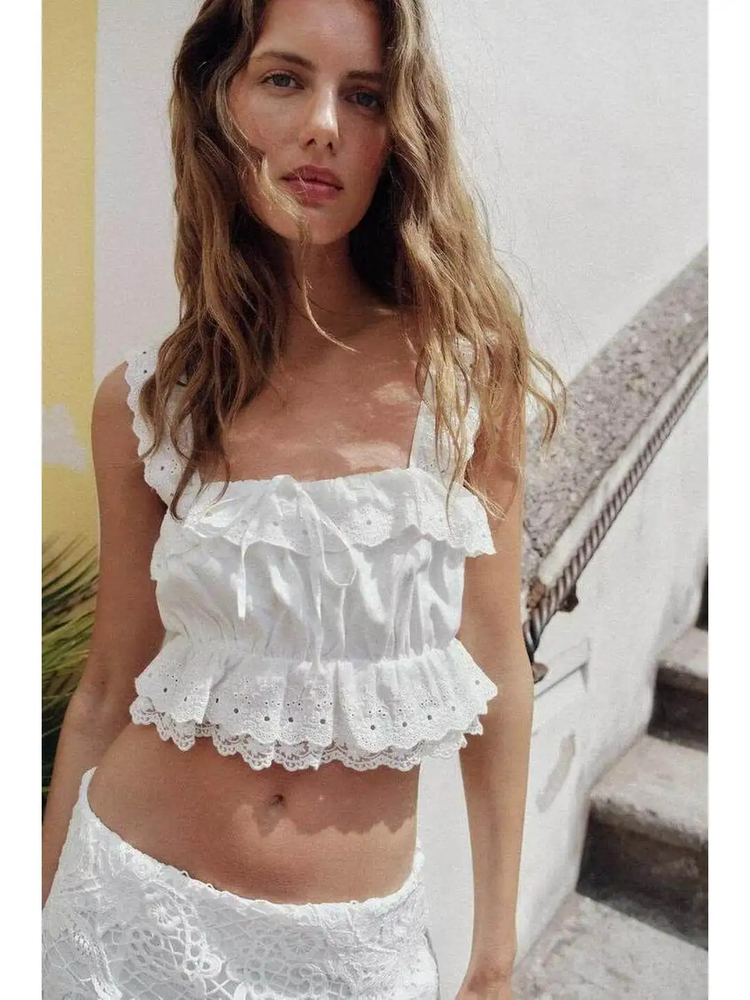 Vacation Style Short Top Embroidered Hollow out Asymmetrical Midi Skirt Fashion Set Women's Spring Summer Workwear Uniform view 5