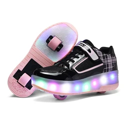 29-43 Fashion Children Two Wheels Glowing Sneakers LED Light Roller Skate Shoes Kids Boys Girls Swivel Buckle Sport Casual Shoes