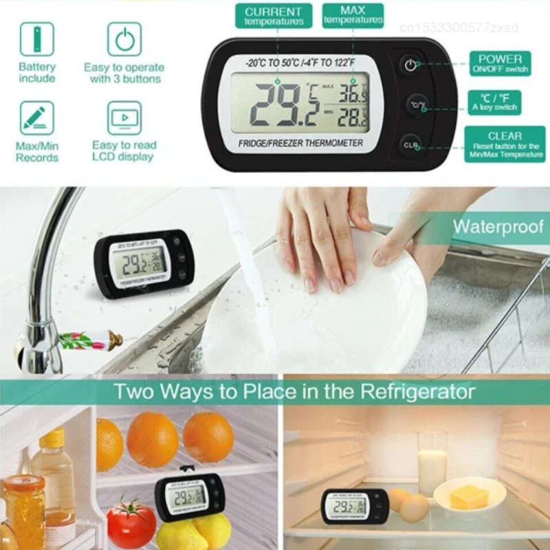 Fridge Thermometer With Hook Anti-Humidity Refrigerator Freezer Electric LCD Display Digital Thermometer Temperature Monitor