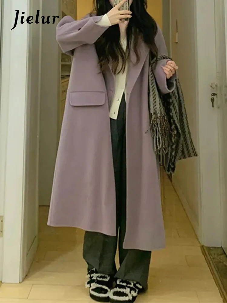 

Jielur Purple Casual Long Woolen Coat Women Raglan Sleeve Winter Blends Coats Female Black Single Button Office Lady Outerwear