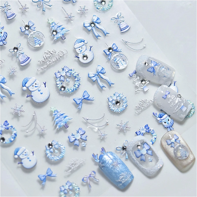 Blue Pink Sparkling Snowman Christmas Tree Wreath Bowknot Elk Winter Snowflakes Ball Santa Deer Nail Art Sticker Manicure Decals