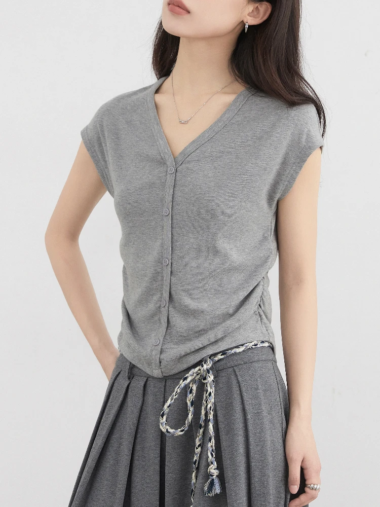 CHIC VENผู้หญิงเสื้อสเวตเตอร์ถักใหม่เกาหลีจีบเอวVคอสั้นเสื้อยืดถักหญิงฤดูร้อน 2025