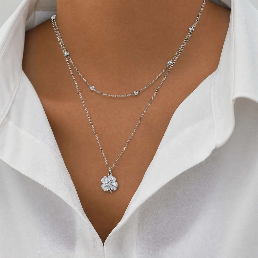 Stainless Steel Double-Layer Four-Leaf Clover Necklace with a Delicate Chain and Small Gold Beads—Gentle and Versatile