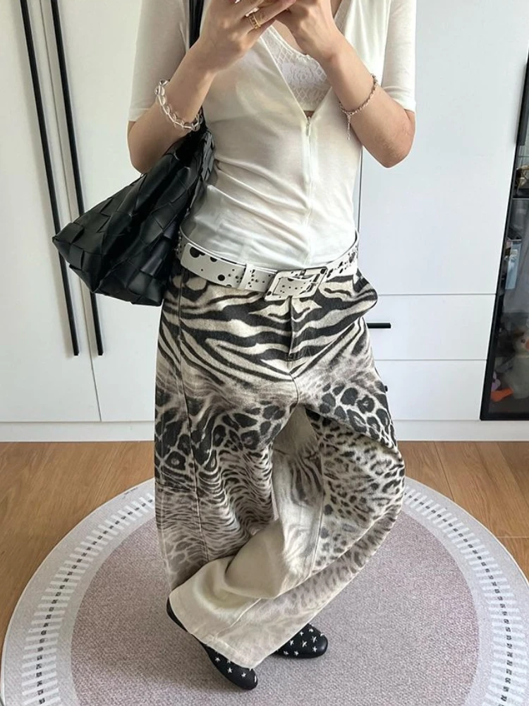 HOUZHOU Vintage Luipaardprint Baggy Jeans Vrouwen Hip Hop Y2k Rechte Denim Broek Amerikaanse Retro Oversized Streetwear Jeans