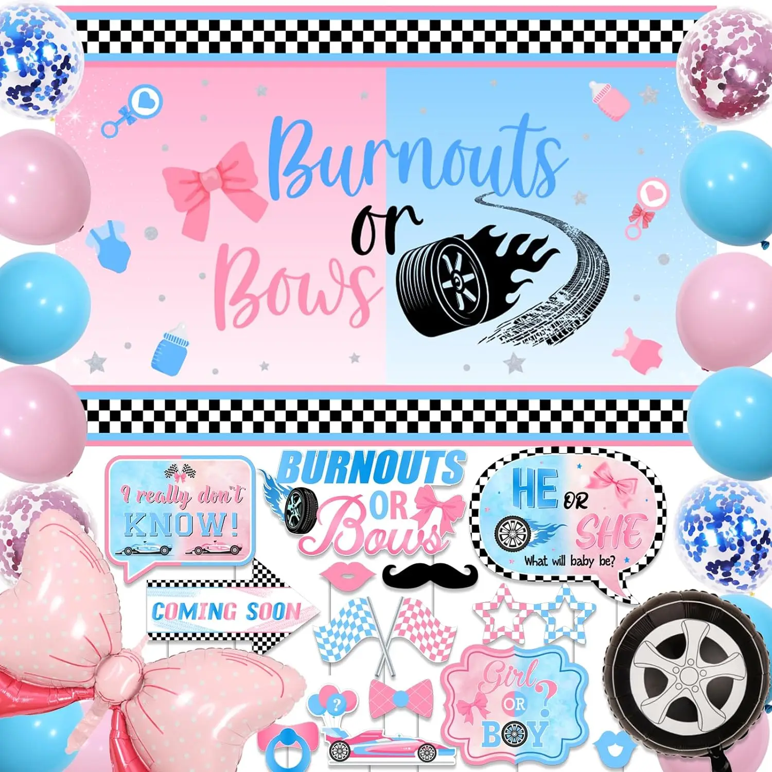 

Burnouts or Bows Gender Reveal Party Supplies Boys or Girls Backdrop Photo Booth Props with Balloons for Baby Shower