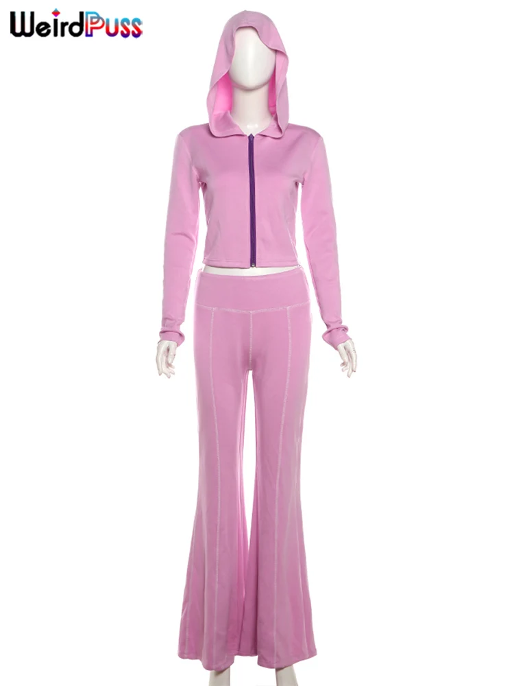 Weird Puss Casual Women Tracksuit 2piece Set Simple Zip Hooded Sweatshirt+Flare Sweatpants Sporty Activity Stretch Matching Suit