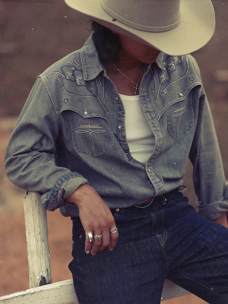 

Мужская джинсовая рубашка Waed с длинным рукавом, вышивкой, из серии Western, узкого кроя, MBBCAR, молодежная модная одежда из хлопкового канваса