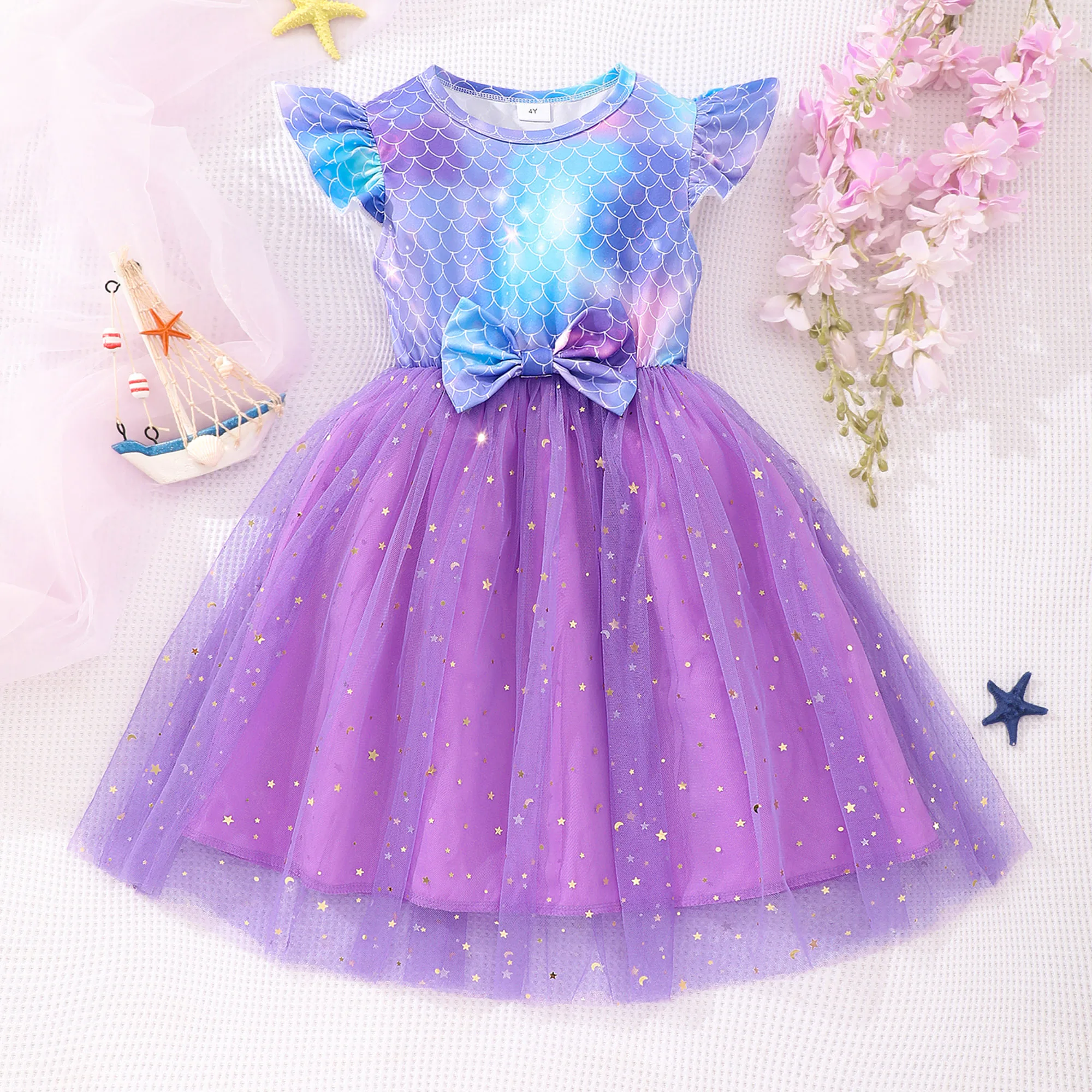 Dreamy Gradient Fish Scale Print Bow Decor Star Sequin Decor Tutu Dress Sweet Mesh Dresses For Summer Holiday Gift Party