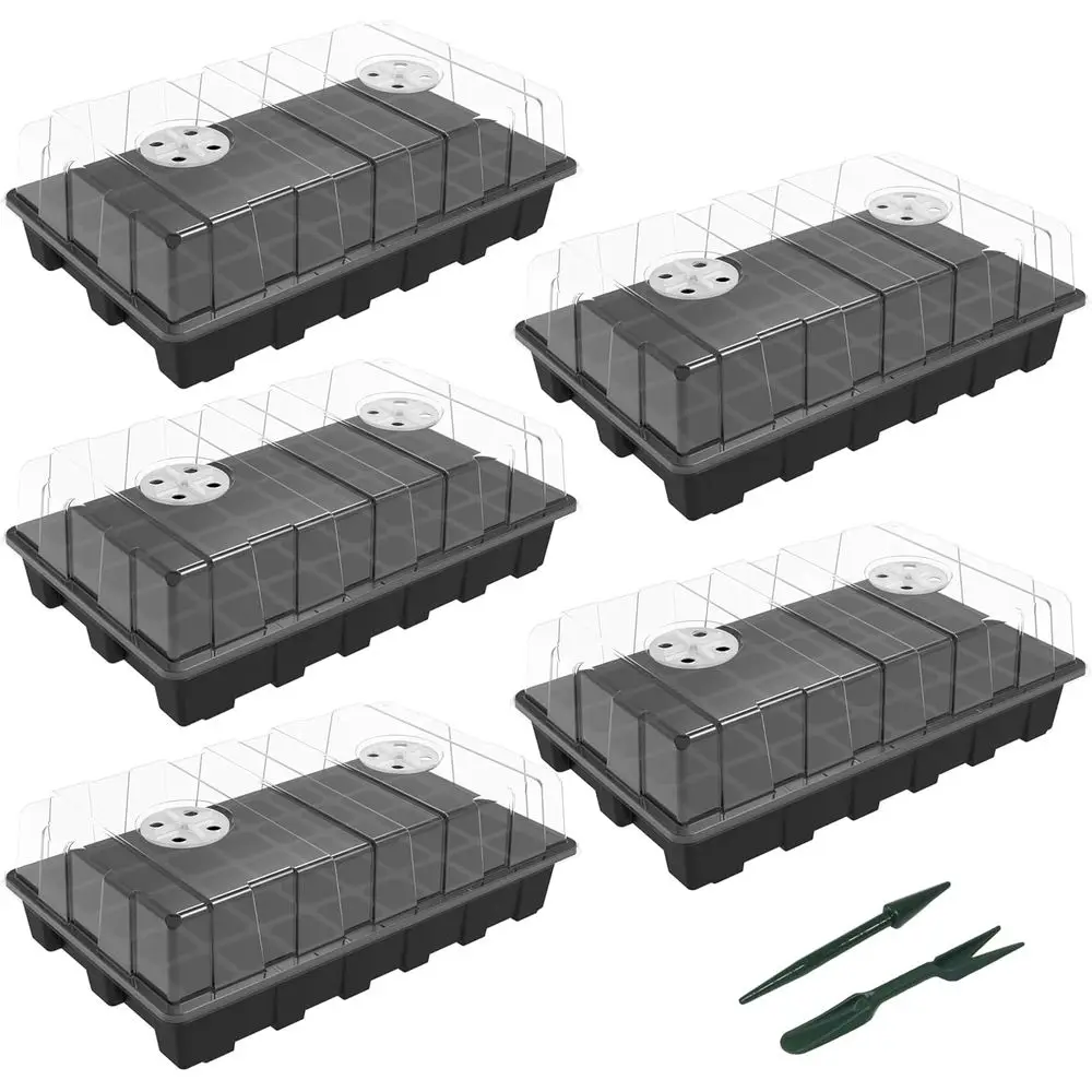 5-Set Seed Starter Kits with Vented Domes and Bases, Durable Plant Germination Trays for Indoor Gardening and Greenhouse (200 Ce