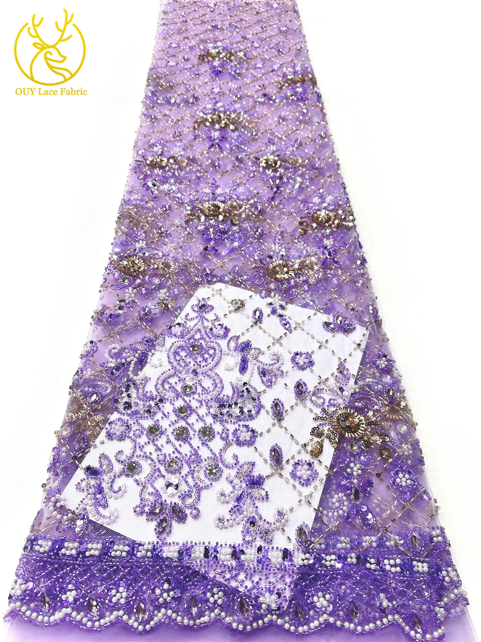 Lila afrikanischer Edelstein-Perlen-Spitzenstoff 2026 Luxuriöser französischer Pailletten-Spitzenstoff für Damen Brautkleid Hochzeitskleid Nähen 5 Yards – Detail 18