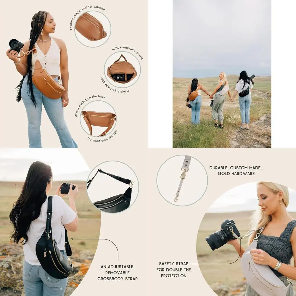 Bolso bandolera compacto de piel vegana con interior de ante, diseño manos libres, marrón