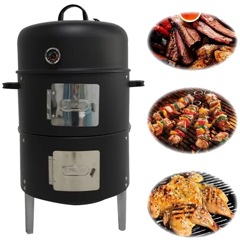 Outdoor Patio 3-in-1 Black Smoker Crockpot BBQ Grill Round Smoker Charcoal BBQ Grill