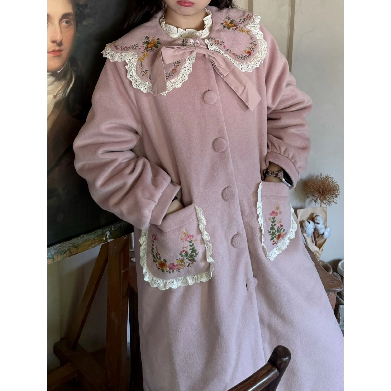 

Mori Girl Kawaii вышивка кружево Kawaii длинная шерстяная смесь женское винтажное ретро шикарное милое пальто в стиле Лолиты в стиле рококо гоблин коттедж