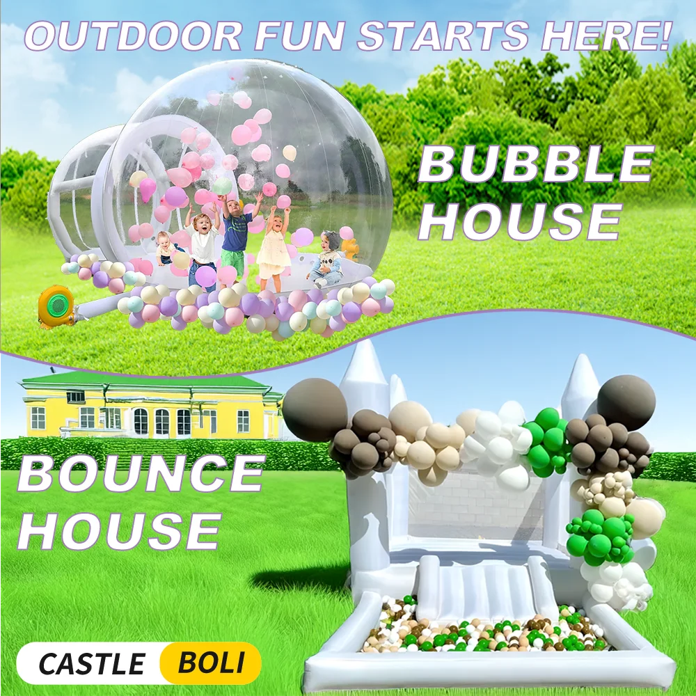 Casa de rebote blanca de 4m con casa de burbujas blanca de 3m, castillo hinchable combinado con tienda de burbujas sopladora para niños, juguetes inflables al aire libre