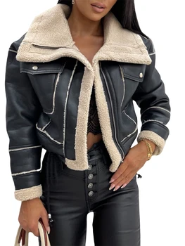 Image Women Faux Leather Biker Jacket with Faux Fur Trimmed Collar Vintage Moto Coat Warm Winter Outerwear