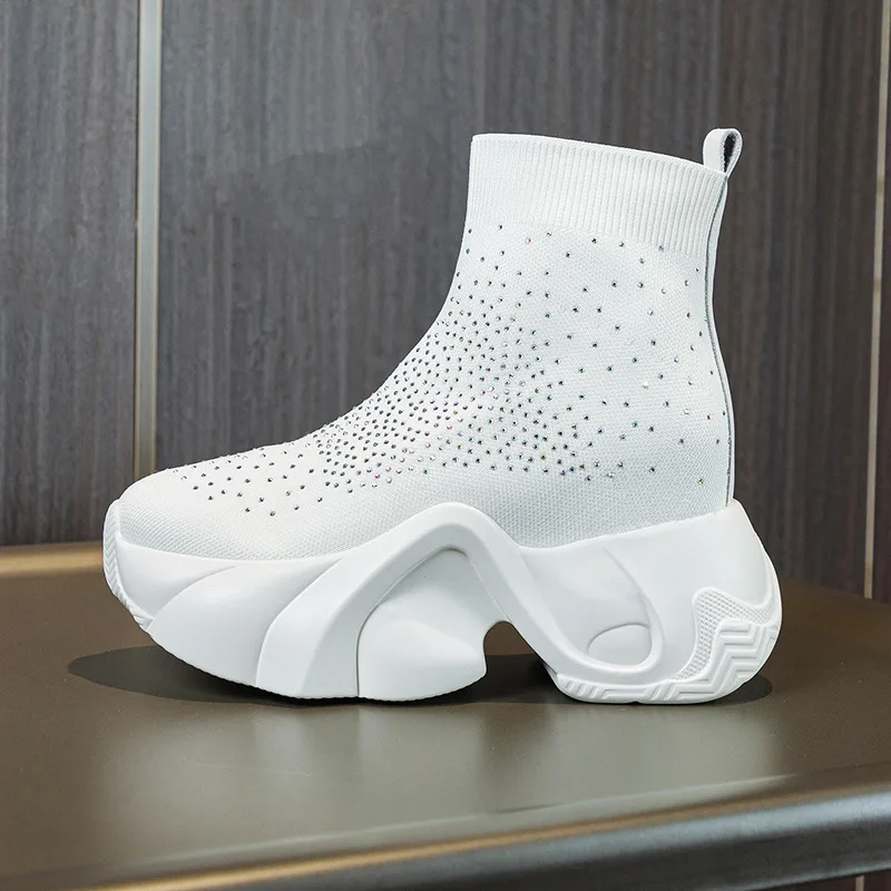 Neue 8CM Stretch Gestrickte Booties Stoff Socke Plattform Keil Knöchel Slip auf Frühling Herbst Frauen Mode Strass Bling Schuhe