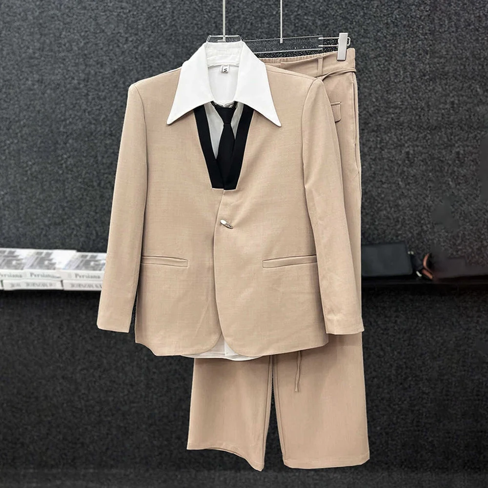 High-End Design Color Matching Suits For Men Autumn Winter Fashion Niche Casual V-Neck Suits With Wide-Leg Pants Two-Piece Suits