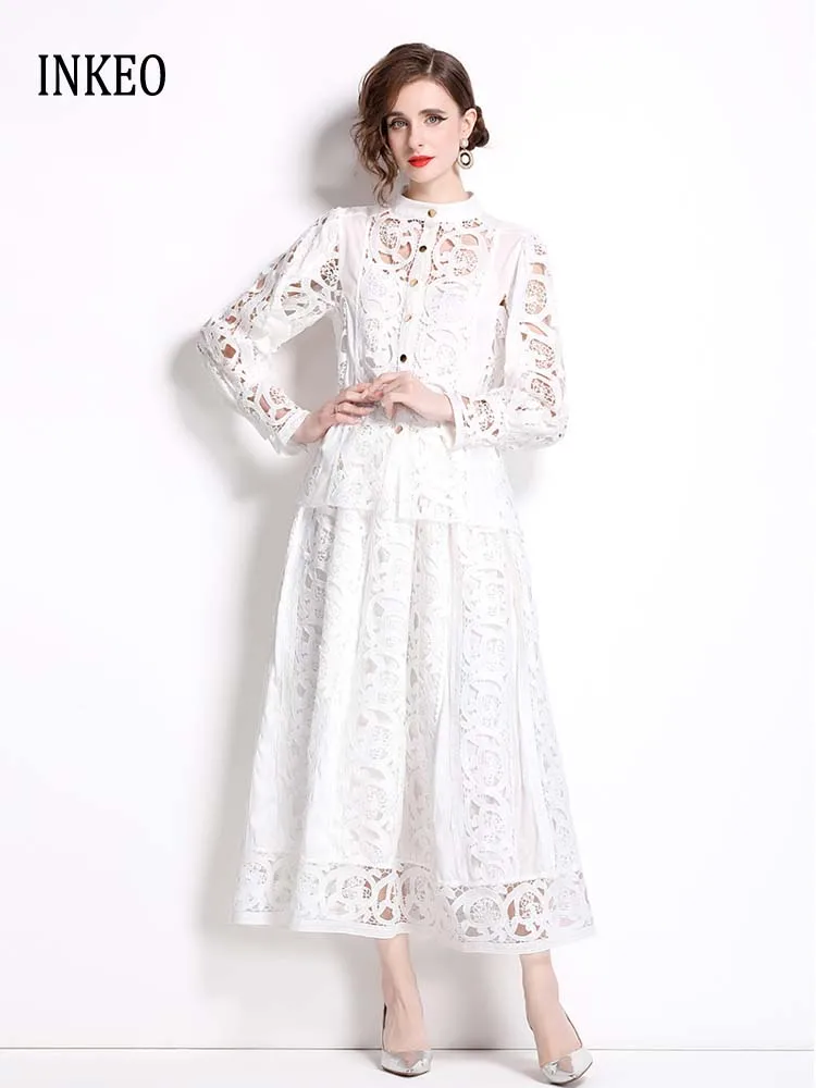 Luxury Women's Lace 2 Piece set White black 2024 New Vintage Hollow out embroidery blouse shirt And Long skirt INKEO 4T212