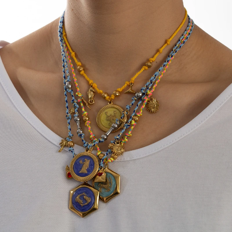 Zwölf Konstellationen bunte Anhänger handgemachte Baumwolle Seil Edelstahl Frauen personalisierte Mode Halsketten Schmuck – Detail 4