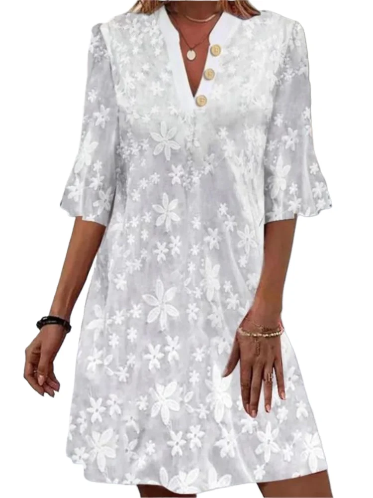 

Summer White Loose Dress Lady Fashion V Neck Ruffles Button Loose Pullover Dresses For Women Elegant Holiday Party Clothes New