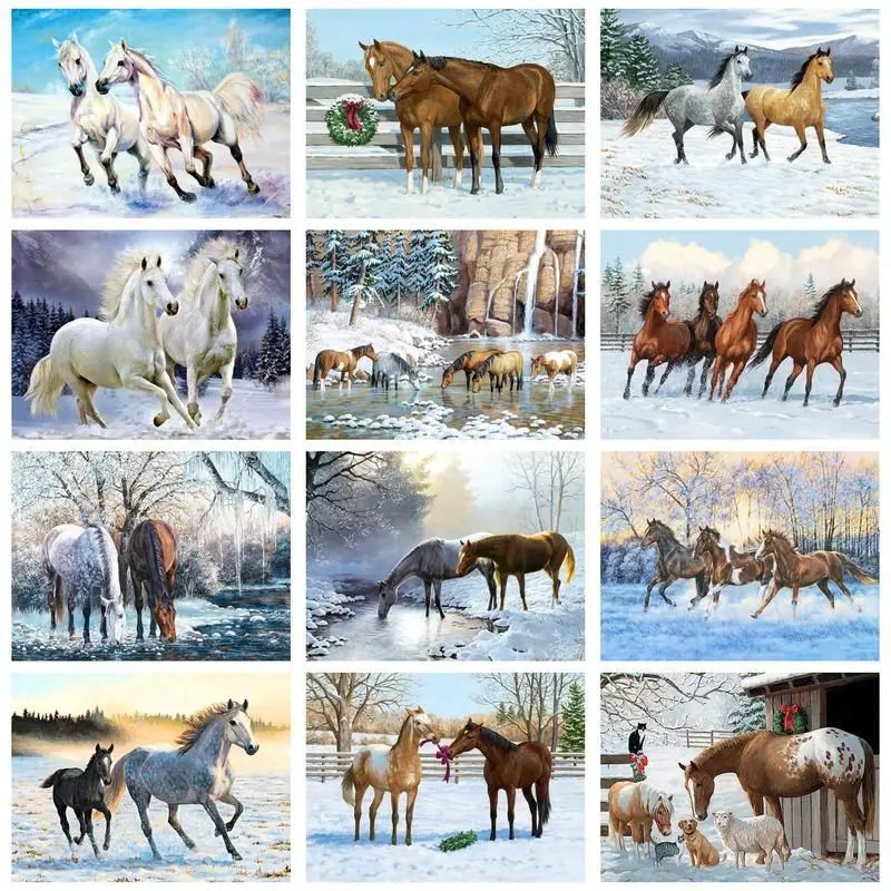 

GATYZTORY DIY Picture By Number Horse Animal Kits For Adults Handpainted Paint By Number Winter Snow On Canvas Home Decoration