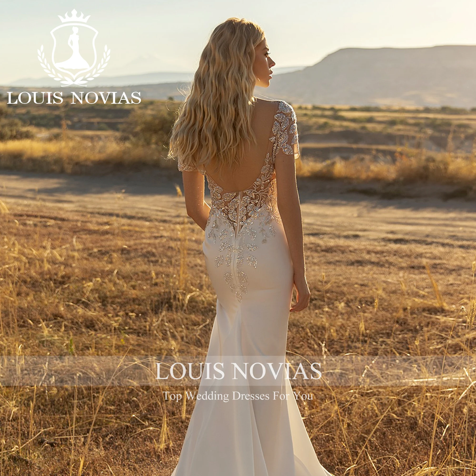 LOUIS NOVIAS Vestido De novia De sirena De manga corta De alta calidad SCOOP sin espalda apliques vestido De novia Vestidos Novias De Saten