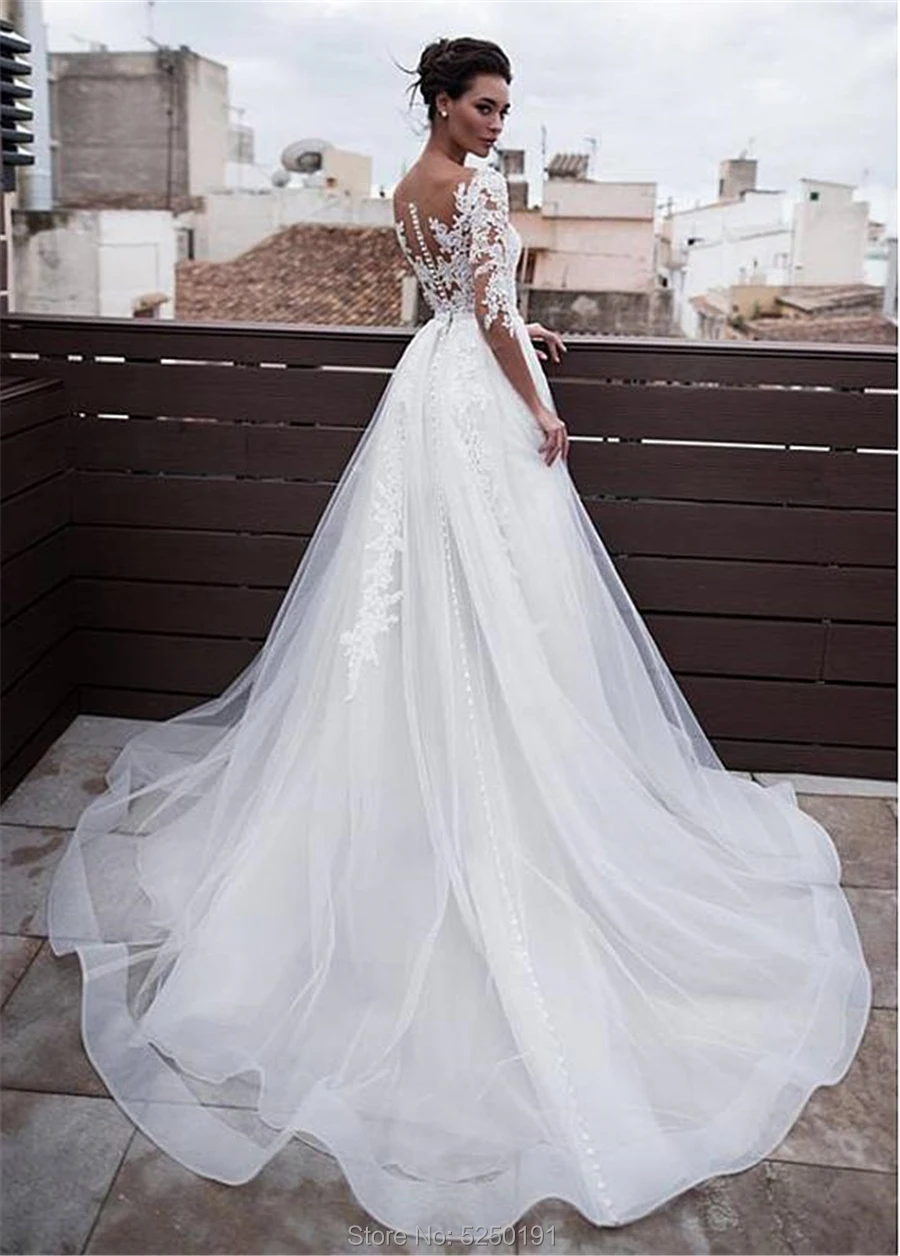 Meravigliosi abiti da sposa 2 In 1 con scollo gioiello con gonna staccabile Appliques In pizzo 3/4 maniche due pezzi abiti da sposa 2021