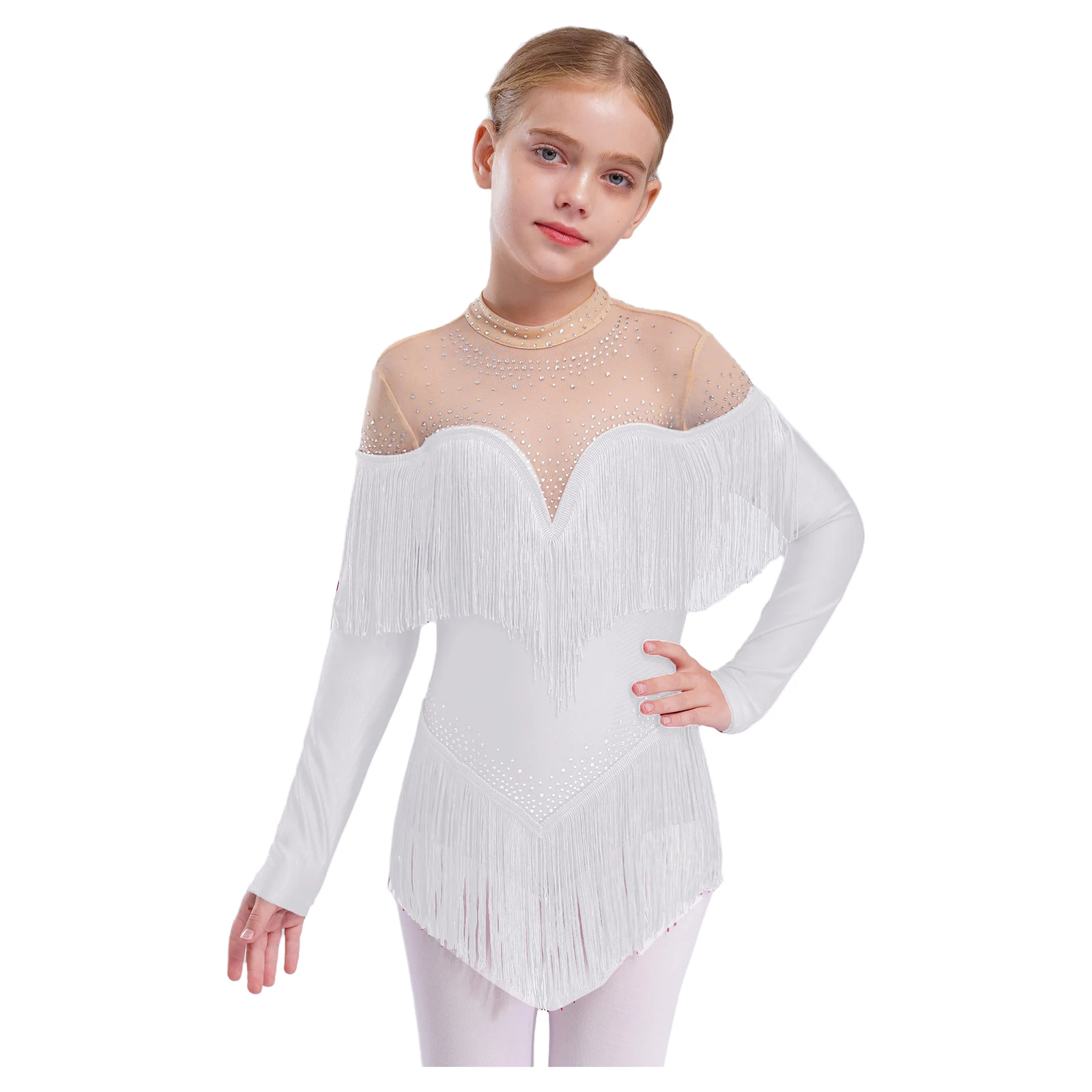 Mädchen-Trikot für lateinamerikanischen Tanz mit Fransen, glänzende Strasssteine, langärmelig, Quasten-Body für Ballsaal, Eiskunstlauf, Tango, Cha-Cha, Samba