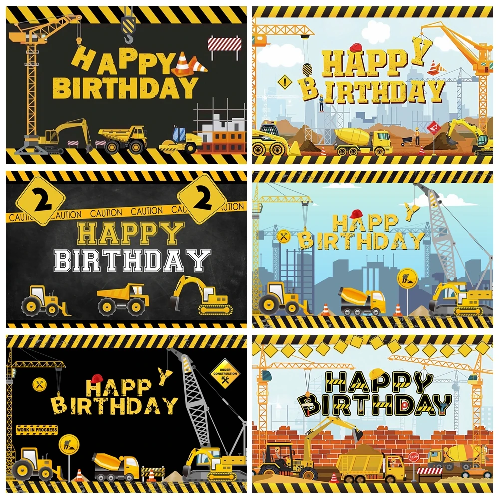 خلفية عيد ميلاد لفريق البناء للتصوير الفوتوغرافي للأولاد وحفلات استقبال المولود الجديد ورافعة شاحنة المرور وحفارة خلفية استوديو الصور #1