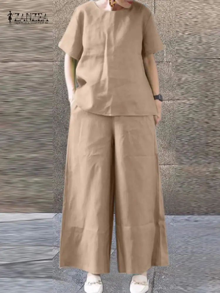 

Fashion Short Sleeve Blouse Wide Leg Pants Sets 2PCS 2024 ZANZEA Summer Women's Tracksuit Elegant Work Trousers Suits Outifits