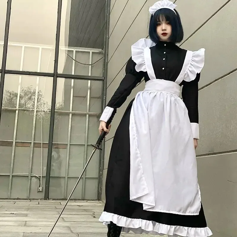 Abito da cameriera gotico Uomo Donna Cosplay Anime Costume da cameriera Lolita giapponese Abito lungo Grembiule bianco e nero Abito da caffè Costume XXXL