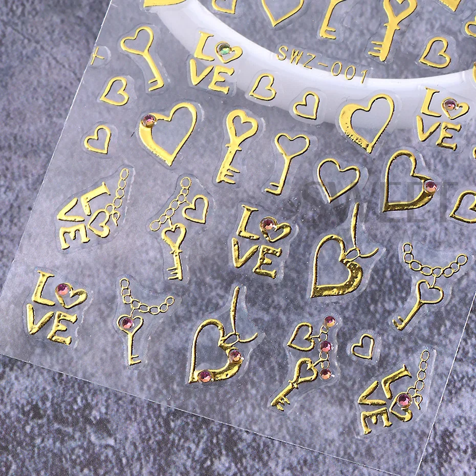 Gouden Valentijnsdag Strass Nagelsticker 3D Bronzing Liefde Hart Sleutelhanger Strik Gem Sieraden DIY Y2K Holografische Nageldecoratie