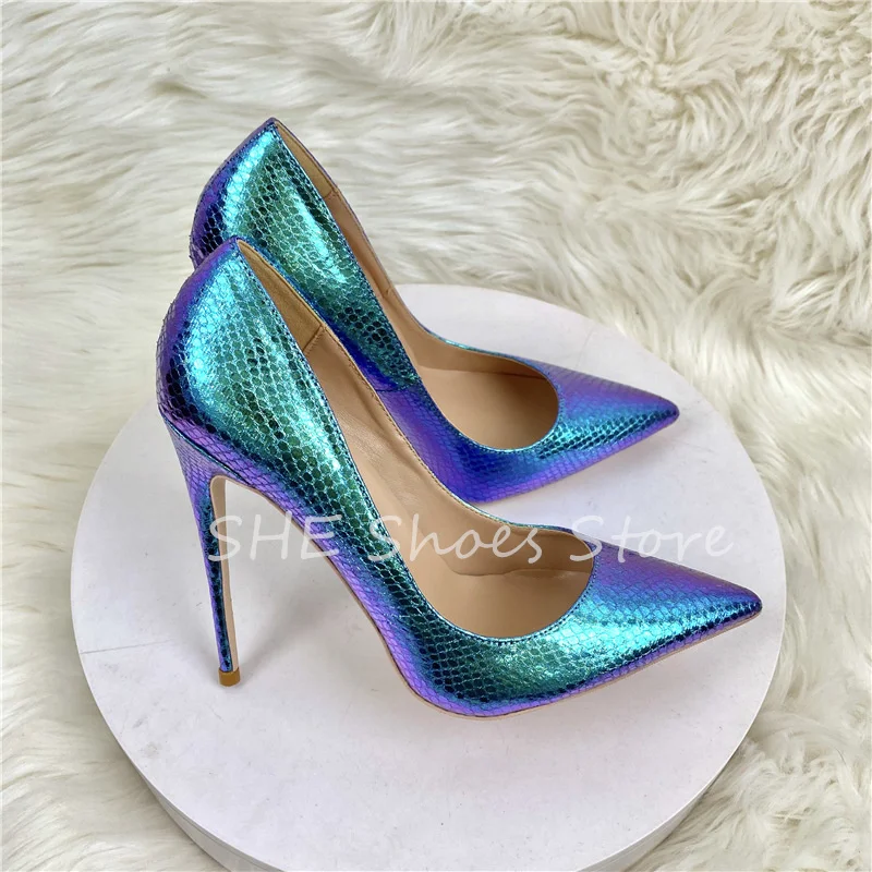 

Blue Snake Pattern Prints Women Hight Heels Pumps Wedding Dress Shoes Sexy Pointed Toe Thin Heel Sandals Ladies Shallow Shoes
