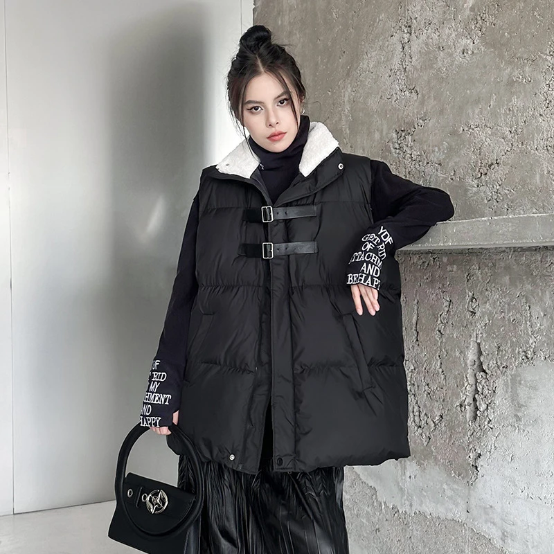 

Temperament Splicing Imitation Lamb Wool Collar Cotton Jacket Vest Women's Autumn Winter Loose Fitting Fashion Casual Black Vest