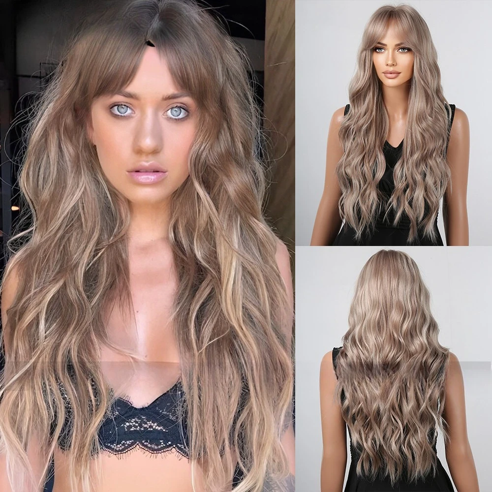 

New European and American wig, eight-character bangs brown long hair natural full headgear long curly hair big wave wig