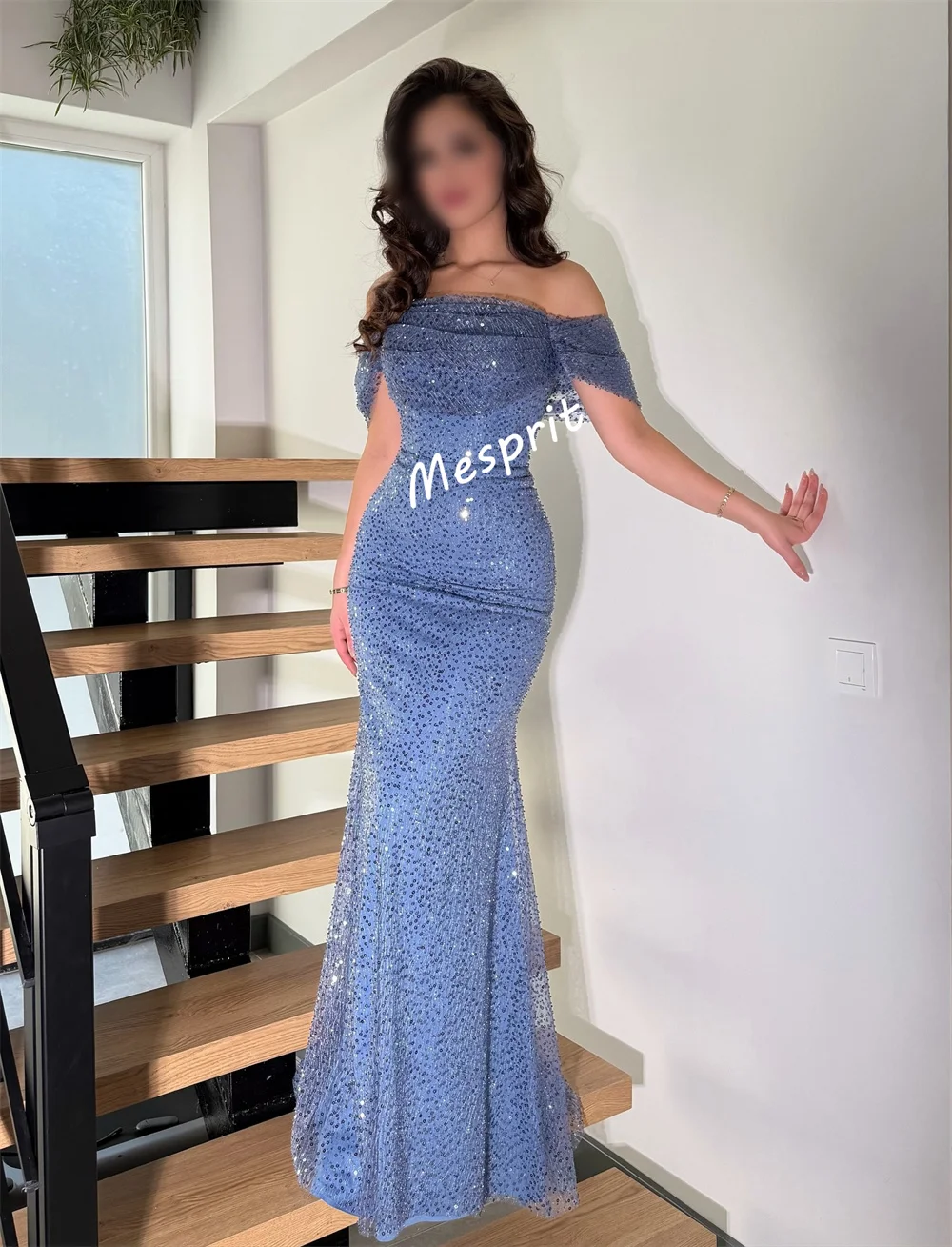 Abito da sera di lusso personalizzato Piega Occasioni su misura Abiti lunghi a tromba con spalle scoperte Occasioni su misura Festa scintillante