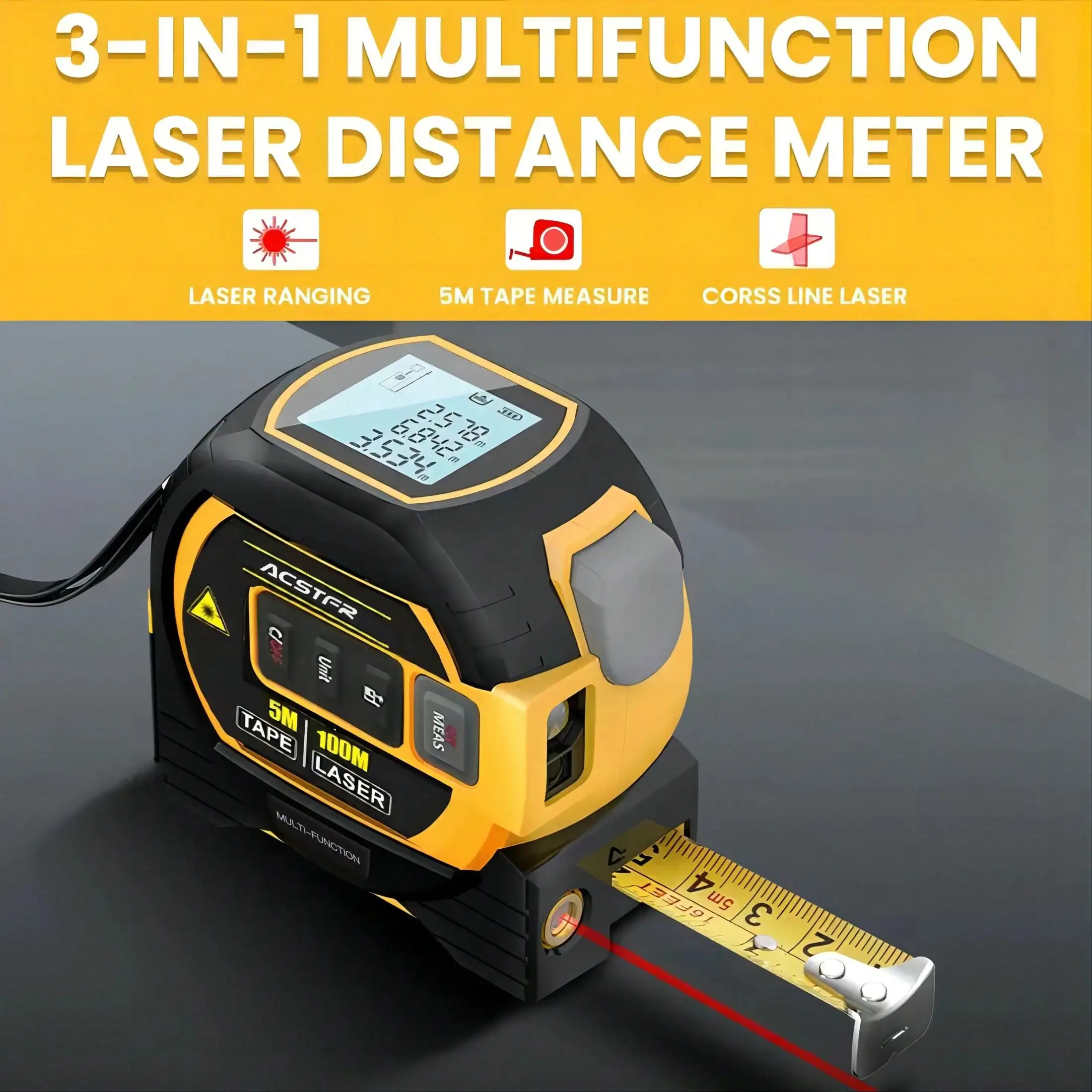 

ACSTFR Laser Tape Measure - 3in1 Digital High Precision Laser Rangefinder, Steel Tape, 1pc, Equipped With 2AAA Batteries