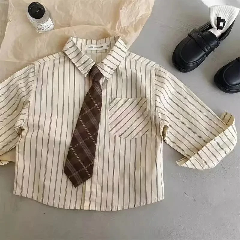 

Children's Long Sleeved Shirt Preppy Style Spring and Autumn Period Boys and Girls Fashion Tie Striped Casual Shirt