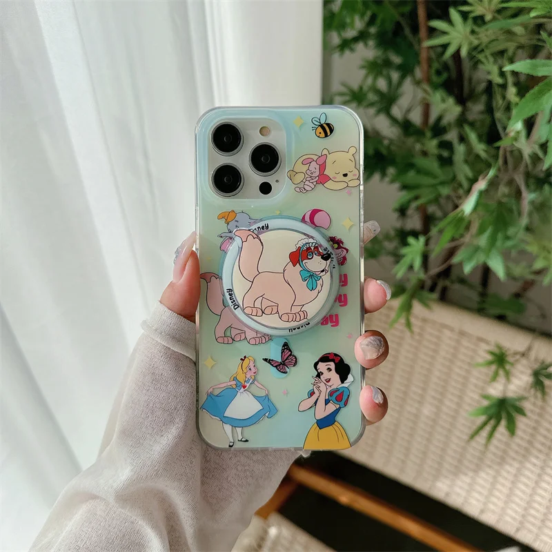 Disney Cute Caterpillar Alice Snow White Magsafe Wireless Charge Phone Case For iPhone 12 13 14 15Pro Max Cartoon Magnetic Stand