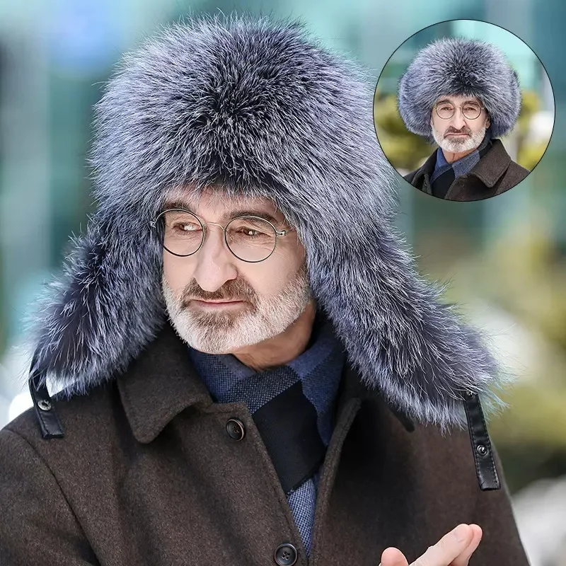 

Men Winter Raccoon Fox Fur Ushanka Hat for Older Men Thermal Earflap Russian Style Outdoor Extreme Cold Weather