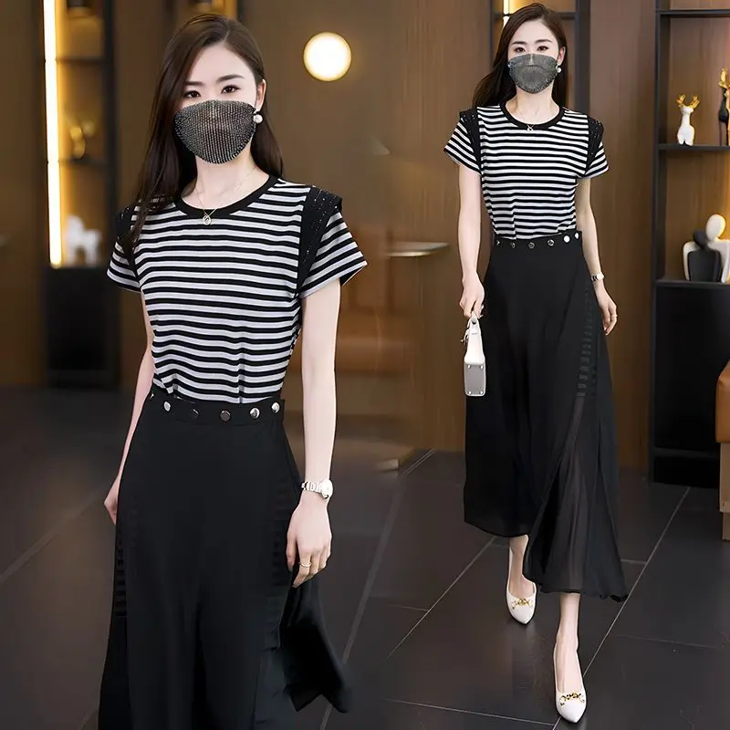

Faionable Summer 2026 Stripe Skirt Set for Women Detachable Me f Skirt Commute Two-Piece Set Polyester Fiber ort Sle...