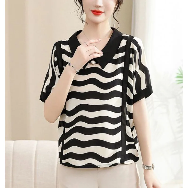 Summer New Spliced Stripe Turn-down Collar Pullovers Short Sleeve Simplicity Casual Loose Versatile Elegant Chiffon Women\'s Tops