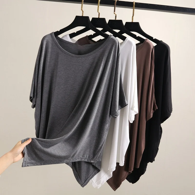 

Women's Asymmetrical Modal Solid T-Shirt, O-Neck, Batwing Sleeved, Loose, Casual Female Pulls, Summer Outwear, Tops Tees, New