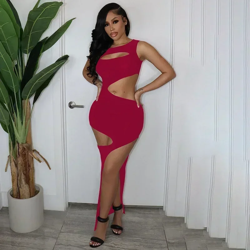 GUWU Mode Cut-Out Bodycon Langes Kleid Frau Aushöhlen Schwarz Nacht Kleider Sexy Party Clubwear Ausgehen Outfits