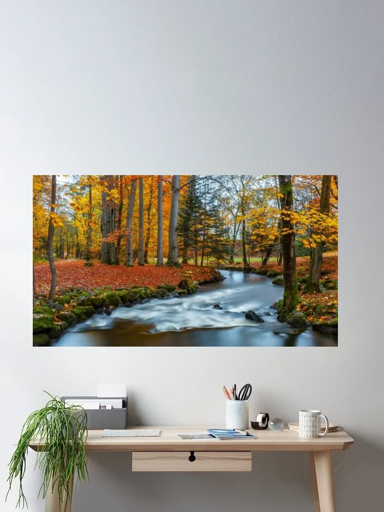Serene Autumn Forest with Flowing River and Mossy Rocks, Art Print Canvas Poster, Living Room Decor, Home Wall Picture