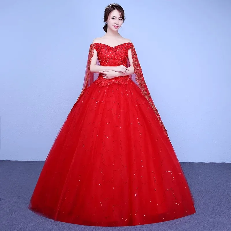 It's Yiiya Wedding Dresses Cheap Red Crystal Shawl Off the Shoulder Bling Princess Floor-length Plus size Bride Ball Gowns XN093