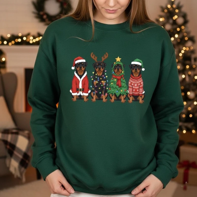 

Christmas Rottweiler Sweatshirt Funny Holiday Dog Cute Xmas Crewneck Rottweiler Lover Gift Santa Reindeer Tree Matching Hoodies