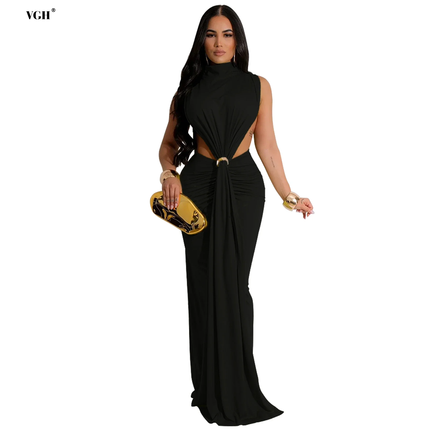 

VGH Sexy Hollow Out Dresses for Women Stand Collar Sleeveless High Wiast Slimming Soild Bodycon Party Dress Female Fashion New