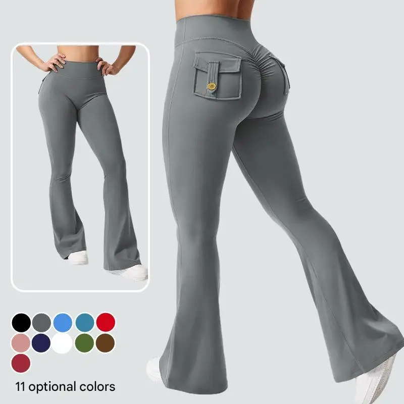 

2025 Pure Color Utility Pocket Yoga Pants Women's Flared Lift Butt Sports Tight Fitness Pants Micro Flare Sweat-Wicking Fabric